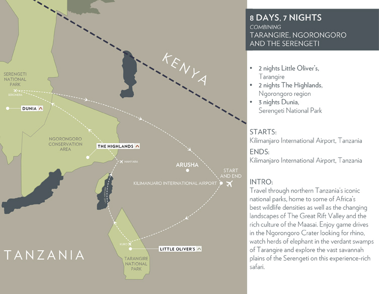 8 days Tanzania Luxury Flying Safari map